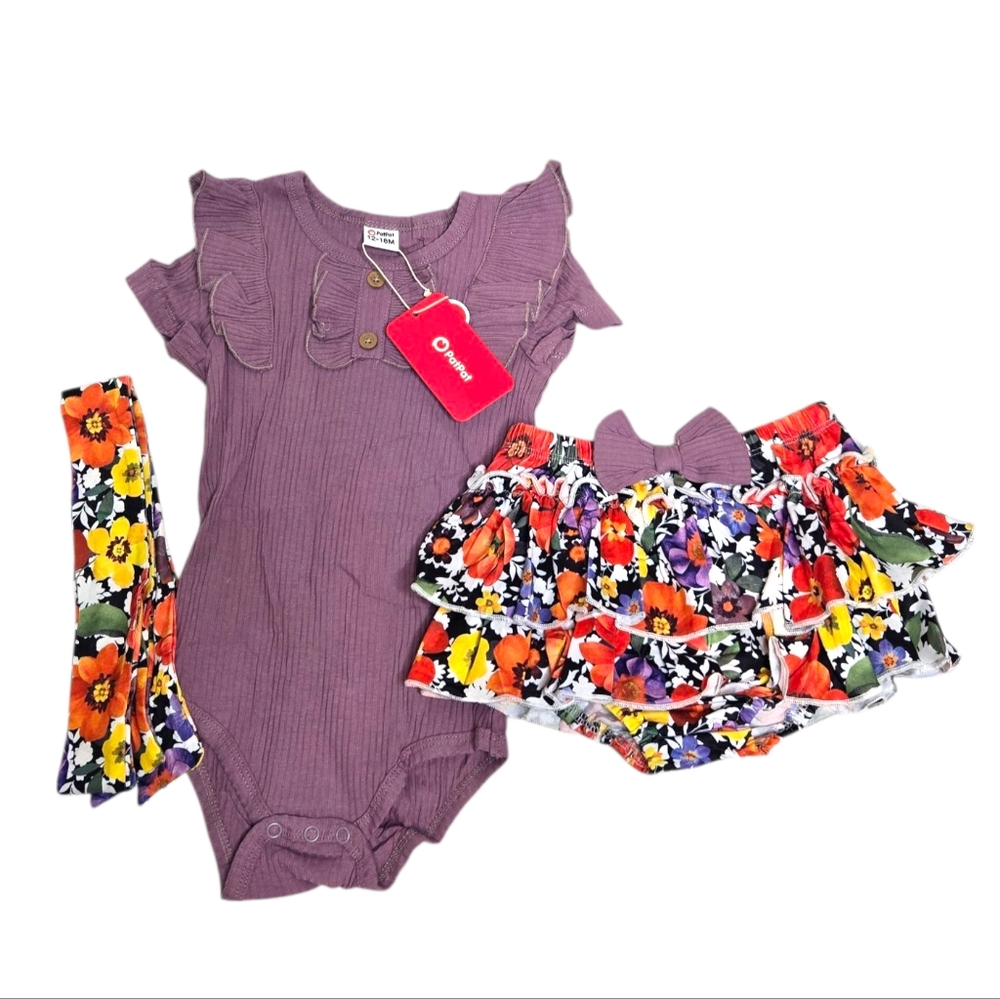 NEW PatPat‎ purple ruffled bodysuit and floral skirt and headband 12-18M